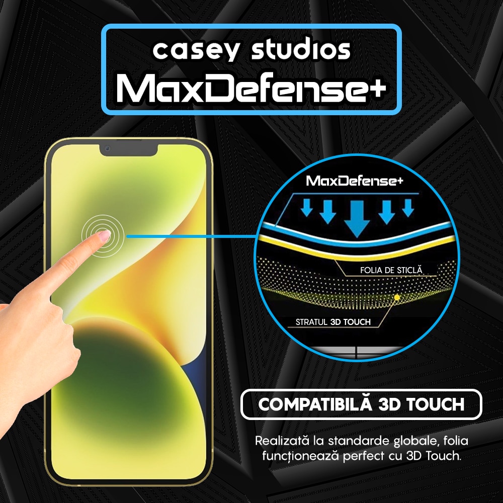 Folie Sticla Mata CASEY STUDIOS™ compatibila cu iPhone 14 Plus, MaxDefense+ Matte, Full Cover 3D, Full Glue, Sticla Securizata, Duritate Militara, Ultra HD, Protectie Profesionala Ecran 3D, Anti Zgarieturi, Anti Socuri, Negru