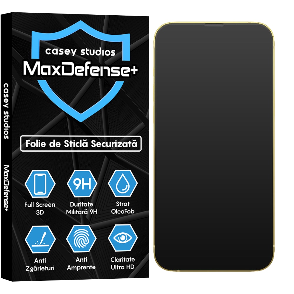 Folie Sticla Mata CASEY STUDIOS™ compatibila cu iPhone 14 Plus, MaxDefense+ Matte, Full Cover 3D, Full Glue, Sticla Securizata, Duritate Militara, Ultra HD, Protectie Profesionala Ecran 3D, Anti Zgarieturi, Anti Socuri, Negru