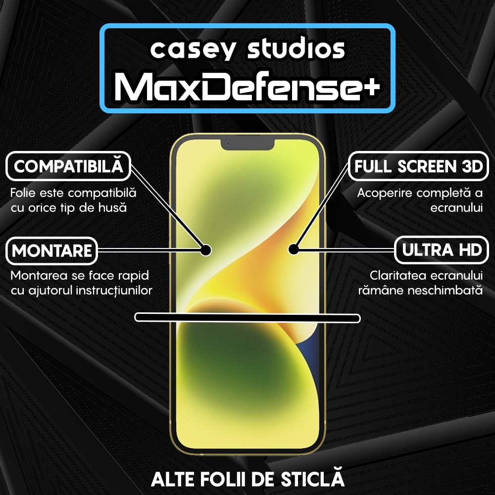 Folie Sticla Mata CASEY STUDIOS™ compatibila cu iPhone 14 Plus, MaxDefense+ Matte, Full Cover 3D, Full Glue, Sticla Securizata, Duritate Militara, Ultra HD, Protectie Profesionala Ecran 3D, Anti Zgarieturi, Anti Socuri, Negru