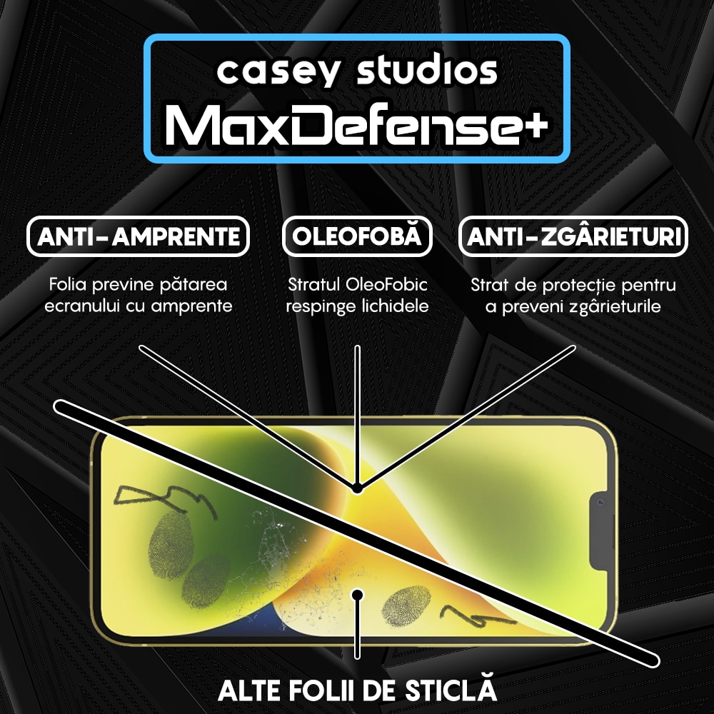 Folie Sticla Mata CASEY STUDIOS™ compatibila cu iPhone 14 Plus, MaxDefense+ Matte, Full Cover 3D, Full Glue, Sticla Securizata, Duritate Militara, Ultra HD, Protectie Profesionala Ecran 3D, Anti Zgarieturi, Anti Socuri, Negru