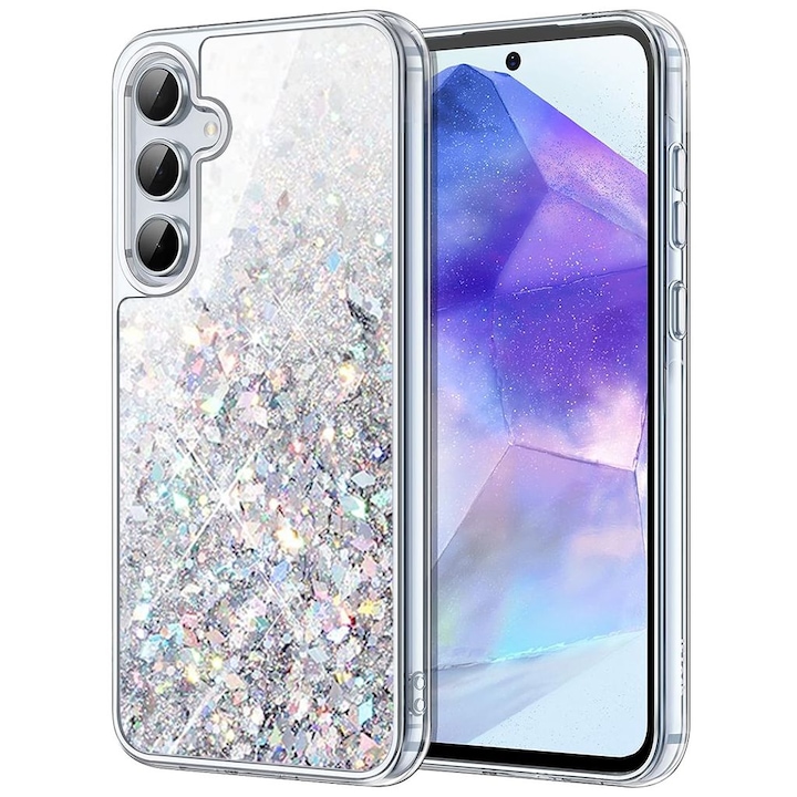 Husa TPU cu lichid sclipitor, compatibila cu Samsung Galaxy A55 5G, alb, rezistenta la zgarieturi