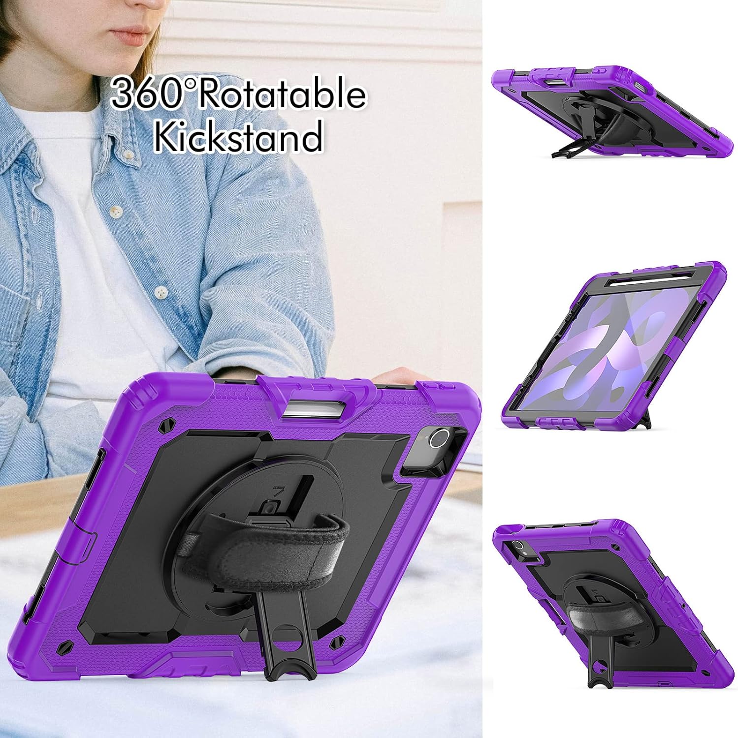 Pachet complet Sigloo 360° pentru iPad Air 10.9" (Gen. 5/4) si iPad Pro 11" (Gen. 1–4), - Husa cu folie, suport rotativ, si curea umar - Mov