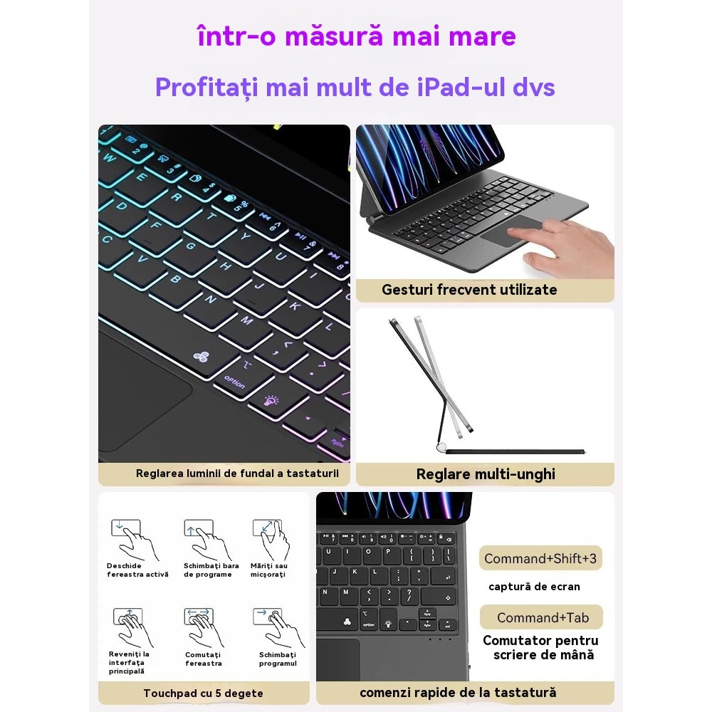 Husa cu tastatură Magic Keyboard, ORBER, Pro 11 inch, iluminare din spate reglabilă, negru