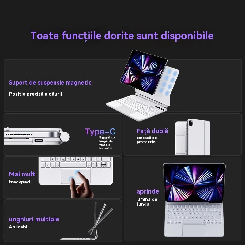 Husa cu tastatură Magic Keyboard, ORBER, Pro 11 inch, iluminare din spate reglabilă, negru