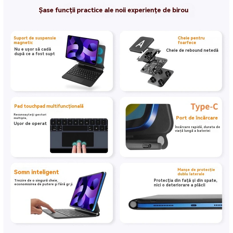 Husa cu tastatură Magic Keyboard, ORBER, Pro 11 inch, iluminare din spate reglabilă, negru