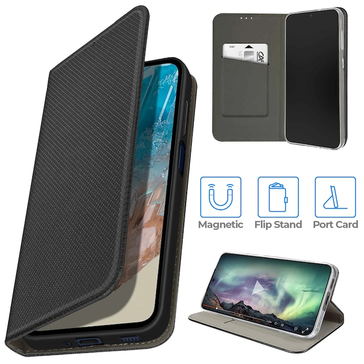 Husa Flip pentru Honor 200 Smart, tip carte cu inchidere magnetica, compartiment pentru carduri, functie Stand, Neagra