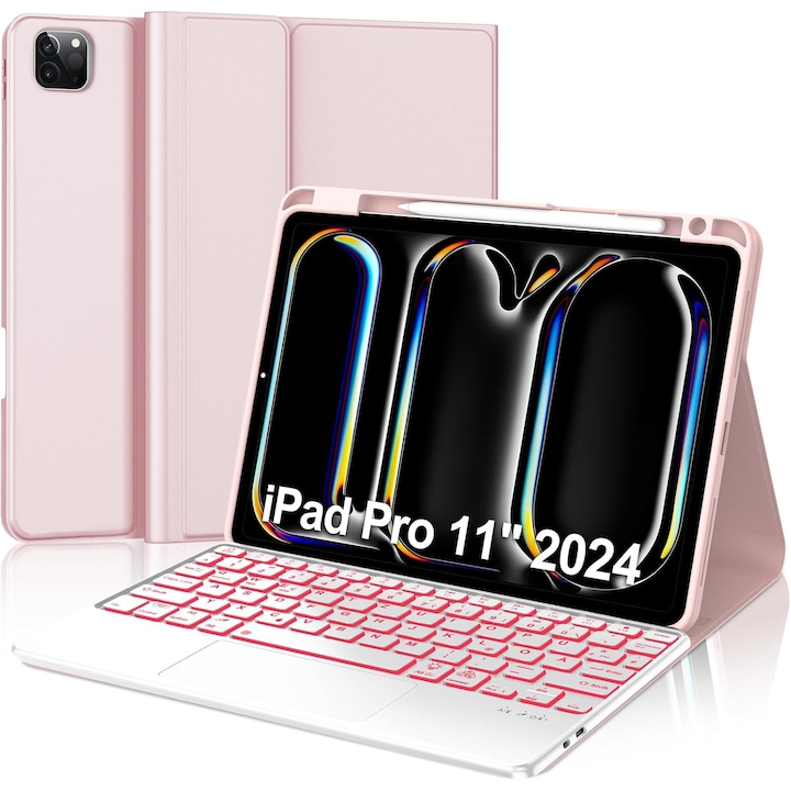 Husa compatibila cu iPad Pro 11 inch M4 2024, 5th Generation, Magnetic Removable Bluetooth 7-Color Lighting