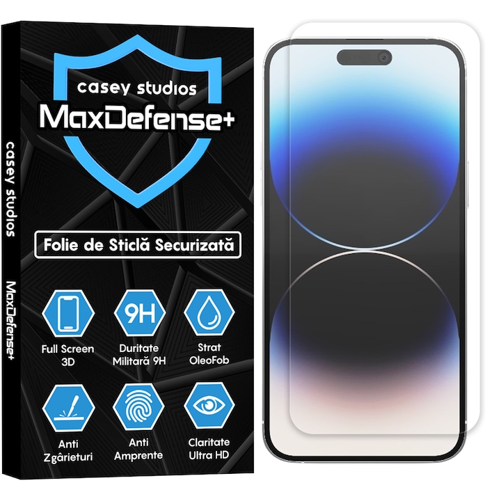 Folie Sticla CASEY STUDIOS™ compatibila cu iPhone 14 Pro Max, MaxDefense+ Classic, Full Cover 3D, Full Glue, Sticla Securizata, Duritate Militara, Ultra HD, Protectie Profesionala Ecran 3D, Anti Zgarieturi, Anti Socuri, Negru