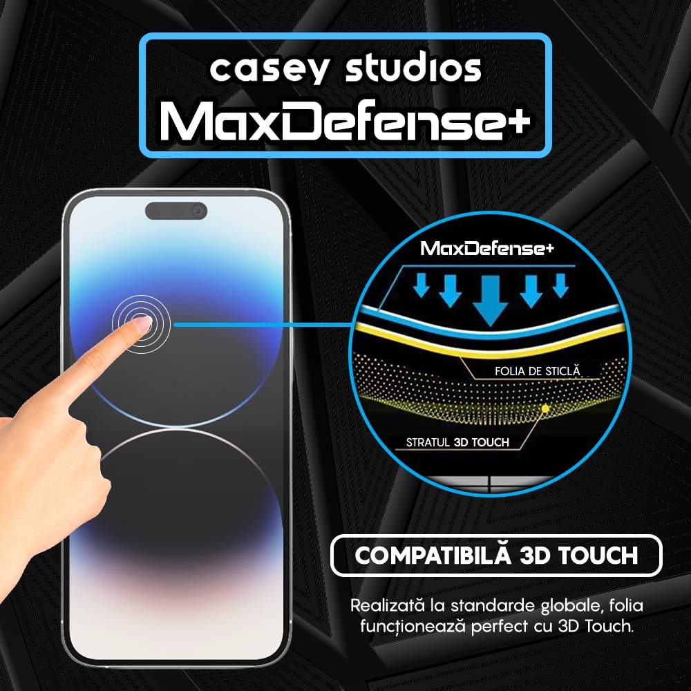 Folie Sticla CASEY STUDIOS™ compatibila cu iPhone 14 Pro Max, MaxDefense+ Classic, Full Cover 3D, Full Glue, Sticla Securizata, Duritate Militara, Ultra HD, Protectie Profesionala Ecran 3D, Anti Zgarieturi, Anti Socuri, Negru