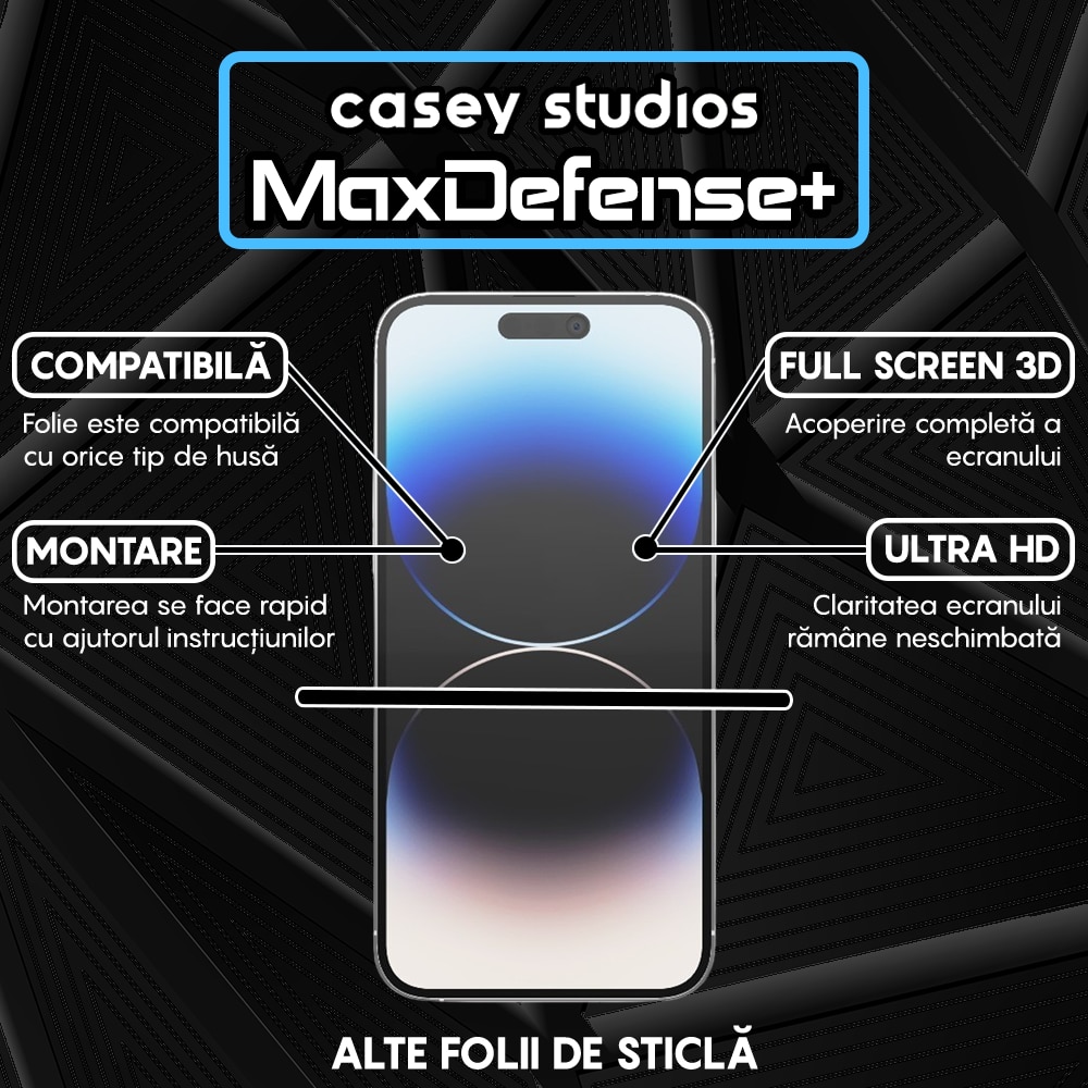Folie Sticla CASEY STUDIOS™ compatibila cu iPhone 14 Pro Max, MaxDefense+ Classic, Full Cover 3D, Full Glue, Sticla Securizata, Duritate Militara, Ultra HD, Protectie Profesionala Ecran 3D, Anti Zgarieturi, Anti Socuri, Negru