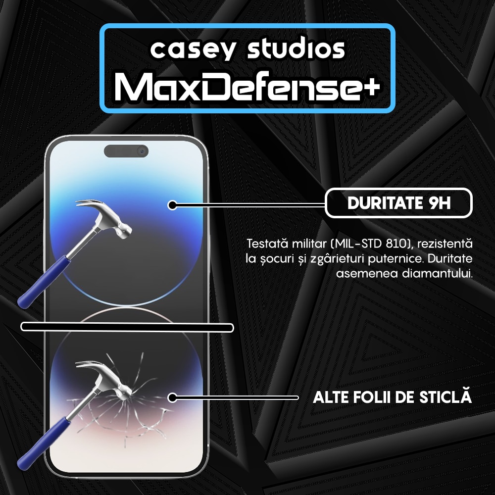 Folie Sticla CASEY STUDIOS™ compatibila cu iPhone 14 Pro Max, MaxDefense+ Classic, Full Cover 3D, Full Glue, Sticla Securizata, Duritate Militara, Ultra HD, Protectie Profesionala Ecran 3D, Anti Zgarieturi, Anti Socuri, Negru
