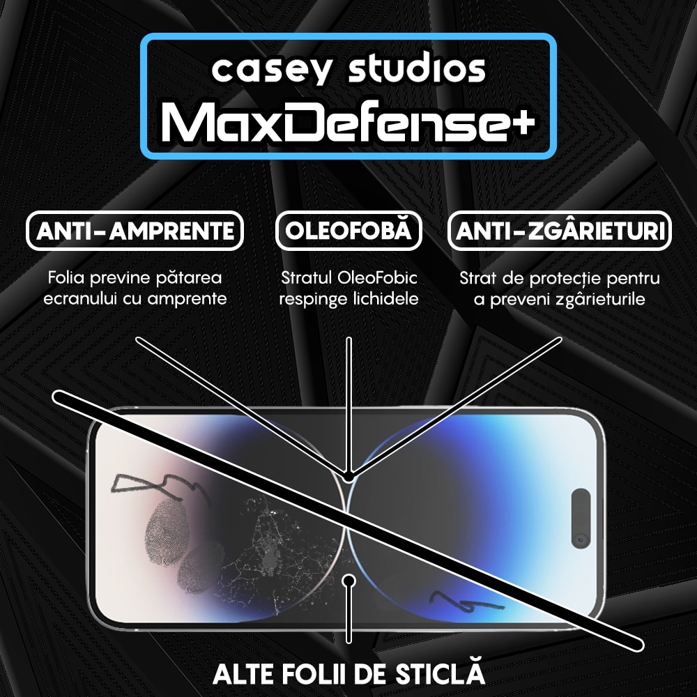 Folie Sticla CASEY STUDIOS™ compatibila cu iPhone 14 Pro Max, MaxDefense+ Classic, Full Cover 3D, Full Glue, Sticla Securizata, Duritate Militara, Ultra HD, Protectie Profesionala Ecran 3D, Anti Zgarieturi, Anti Socuri, Negru