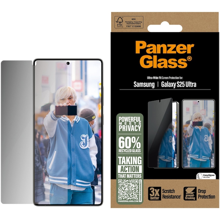 Folie de protectie sticla PanzerGlass Privacy UWF cu aplicator pentru Samsung Galaxy S25 Ultra