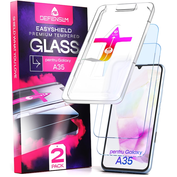Set 2 Folii sticla compatibil cu Samsung Galaxy A35, DefenSlim, instalare usoara si rapida cu dispozitiv de potrivire automata in 30 sec cu Easy Install Kit patentat, protectie telefon
