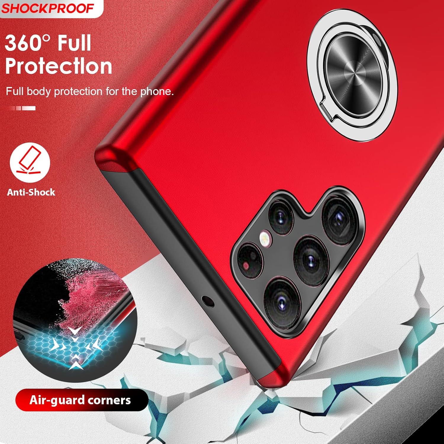 Husa de protectie pentru Samsung Galaxy S25 Ultra, Hybrid Antisoc, Kickstand, Bumper inel rotativ 360, Red
