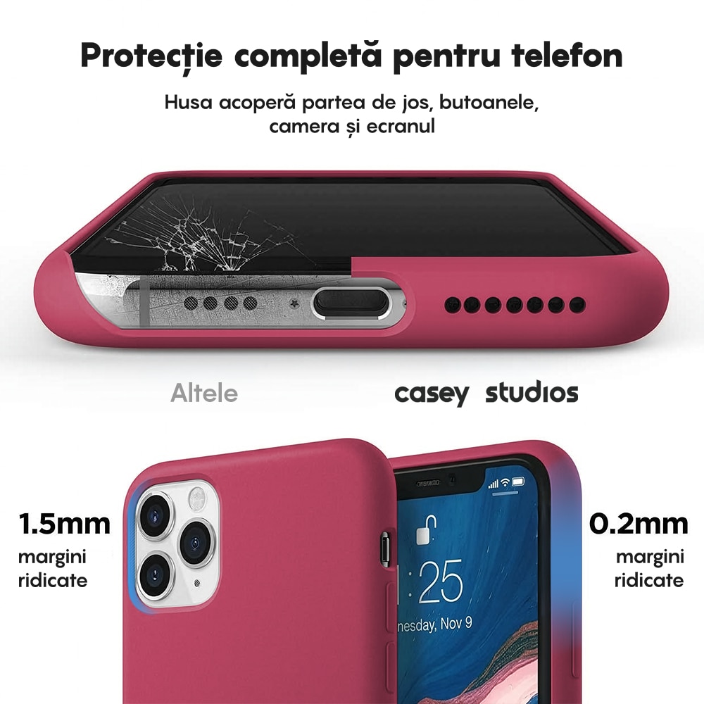 Husa CASEY STUDIOS™ compatibila cu iPhone 11 Pro Max, Soft Silicone Premium, Microfibra in Interior, Burgundy, de Protectie, Ultra Slim, pentru Incarcare Wireless, Margini Ridicate de Protectia Ecranului si a Camerelor