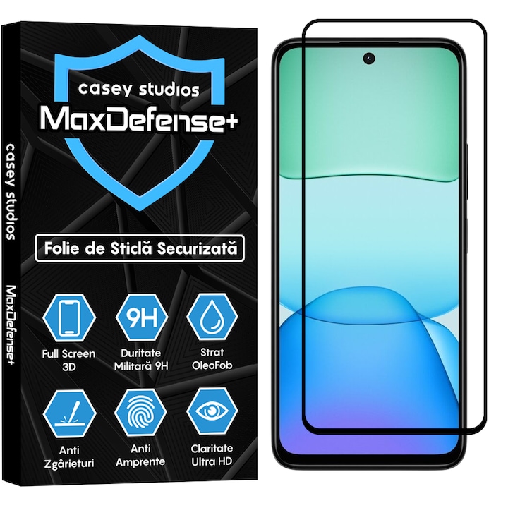 Folie Sticla CASEY STUDIOS™ compatibila cu Xiaomi Redmi Note 13R, Full Cover 3D, Full Glue, Duritate Militara, Ultra HD, Anti Zgarieturi, Anti Amprente, Anti Socuri, Margini Negre