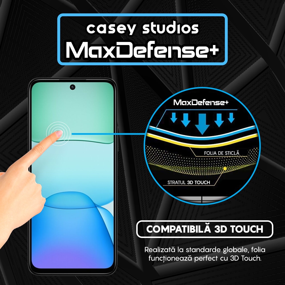 Folie Sticla CASEY STUDIOS™ compatibila cu Xiaomi Redmi Note 13R, Full Cover 3D, Full Glue, Duritate Militara, Ultra HD, Anti Zgarieturi, Anti Amprente, Anti Socuri, Margini Negre