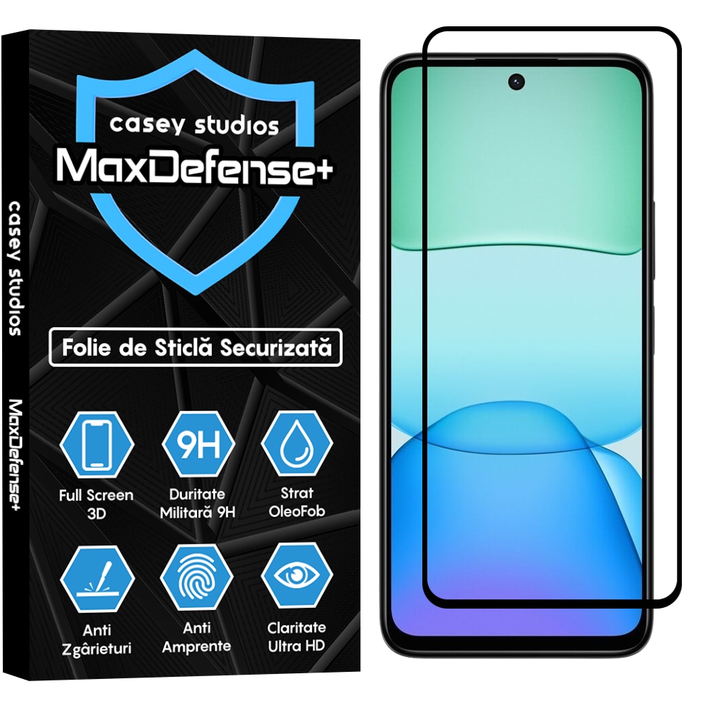 Folie Sticla CASEY STUDIOS™ compatibila cu Xiaomi Redmi Note 13R, Full Cover 3D, Full Glue, Duritate Militara, Ultra HD, Anti Zgarieturi, Anti Amprente, Anti Socuri, Margini Negre