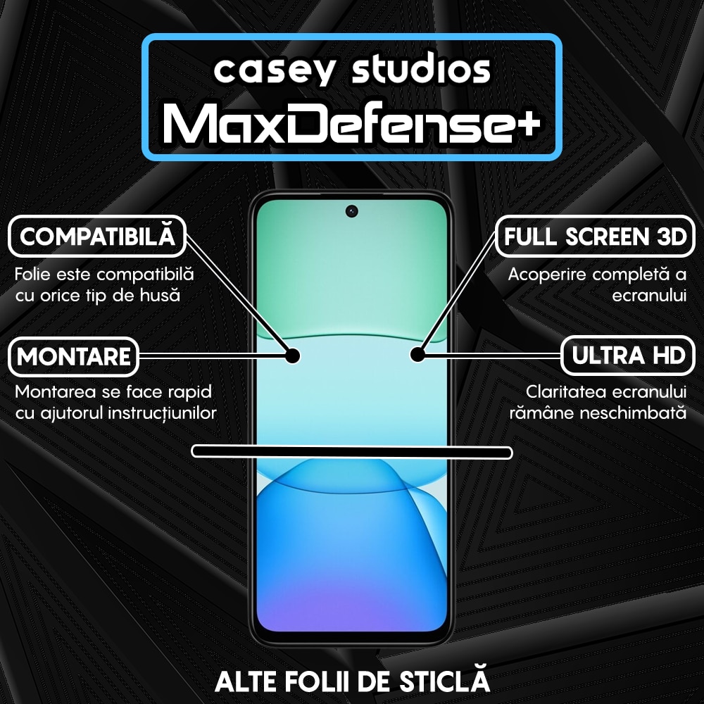 Folie Sticla CASEY STUDIOS™ compatibila cu Xiaomi Redmi Note 13R, Full Cover 3D, Full Glue, Duritate Militara, Ultra HD, Anti Zgarieturi, Anti Amprente, Anti Socuri, Margini Negre