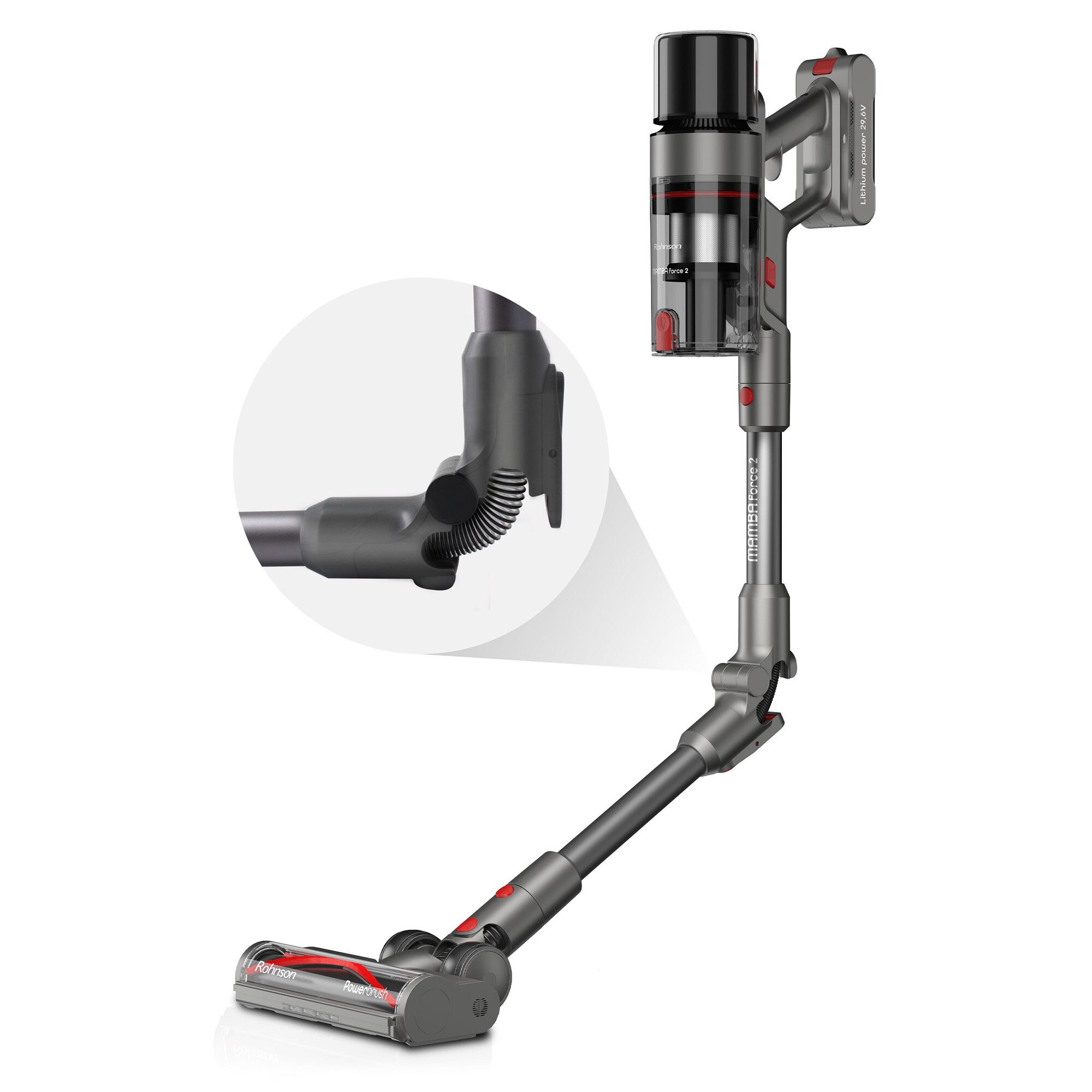 Aspirator vertical 2 in 1, Rohnson M19 Mamba Force 2, motor BLDC, 415 W, 200 AW, 29.6 V, 78d B, cyclone, 0.6 L, 32 kPa, senzor de praf, autonomie 60 min