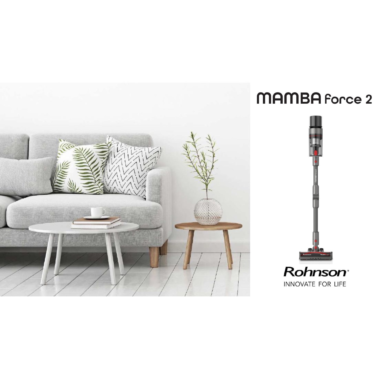 Aspirator vertical 2 in 1, Rohnson M19 Mamba Force 2, motor BLDC, 415 W, 200 AW, 29.6 V, 78d B, cyclone, 0.6 L, 32 kPa, senzor de praf, autonomie 60 min