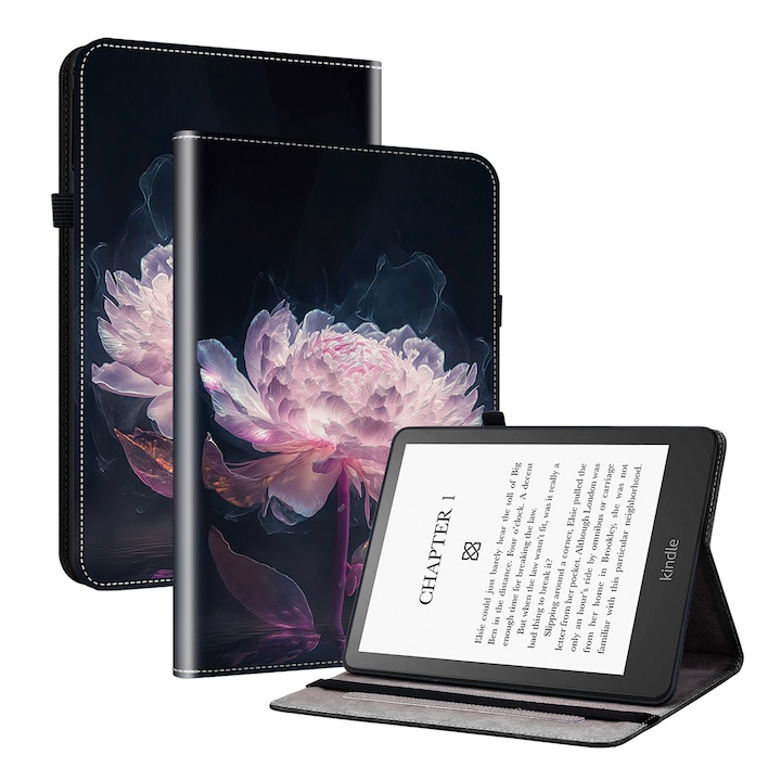 Husa tableta pentru Amazon Kindle Paperwhite 12th Gen 2024, piele pictata cu textura cristal, design cu bujori mov