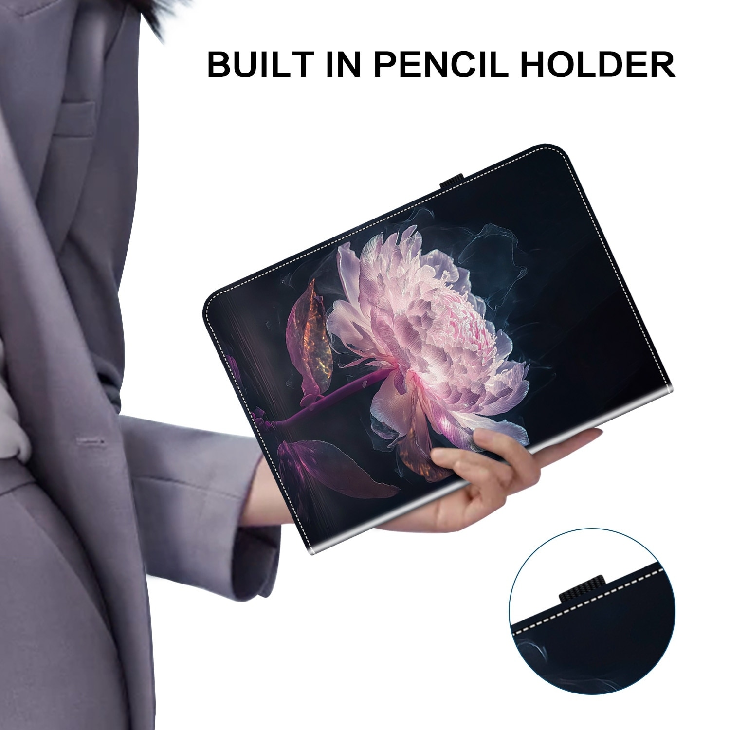 Husa tableta pentru Amazon Kindle Paperwhite 12th Gen 2024, piele pictata cu textura cristal, design cu bujori mov