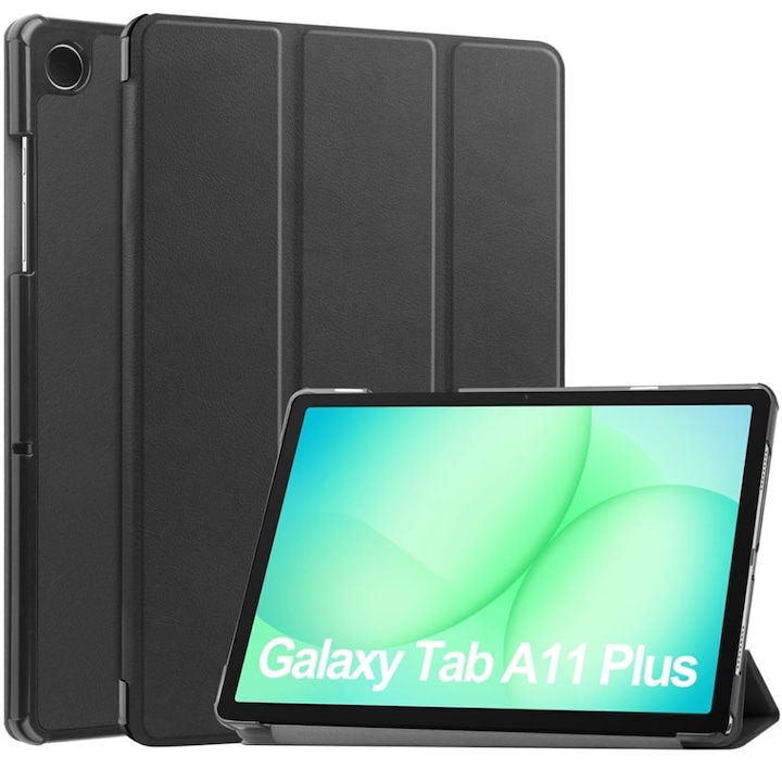 Husa tableta pentru Samsung Galaxy Tab A11 Plus / A9 Plus, SKYDDAR INNOVATION, cu suport Multi-Unghi si functie Sleep/Wake, FoldPro, Negru, set cu sticker