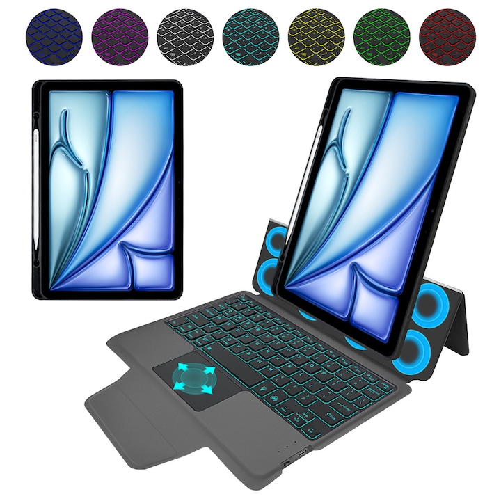 Husa de protectie cu Folie de protectie ecran pentru Apple iPad Air 13 2024 / 2025 DaDen, Iluminare RGB 7 culori, Tastatura Bluetooth, Capacitate baterie 420 mAh, Negru