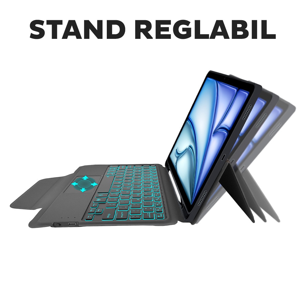 Husa de protectie cu Folie de protectie ecran pentru Apple iPad Air 13 2024 / 2025 DaDen, Iluminare RGB 7 culori, Tastatura Bluetooth, Capacitate baterie 420 mAh, Negru