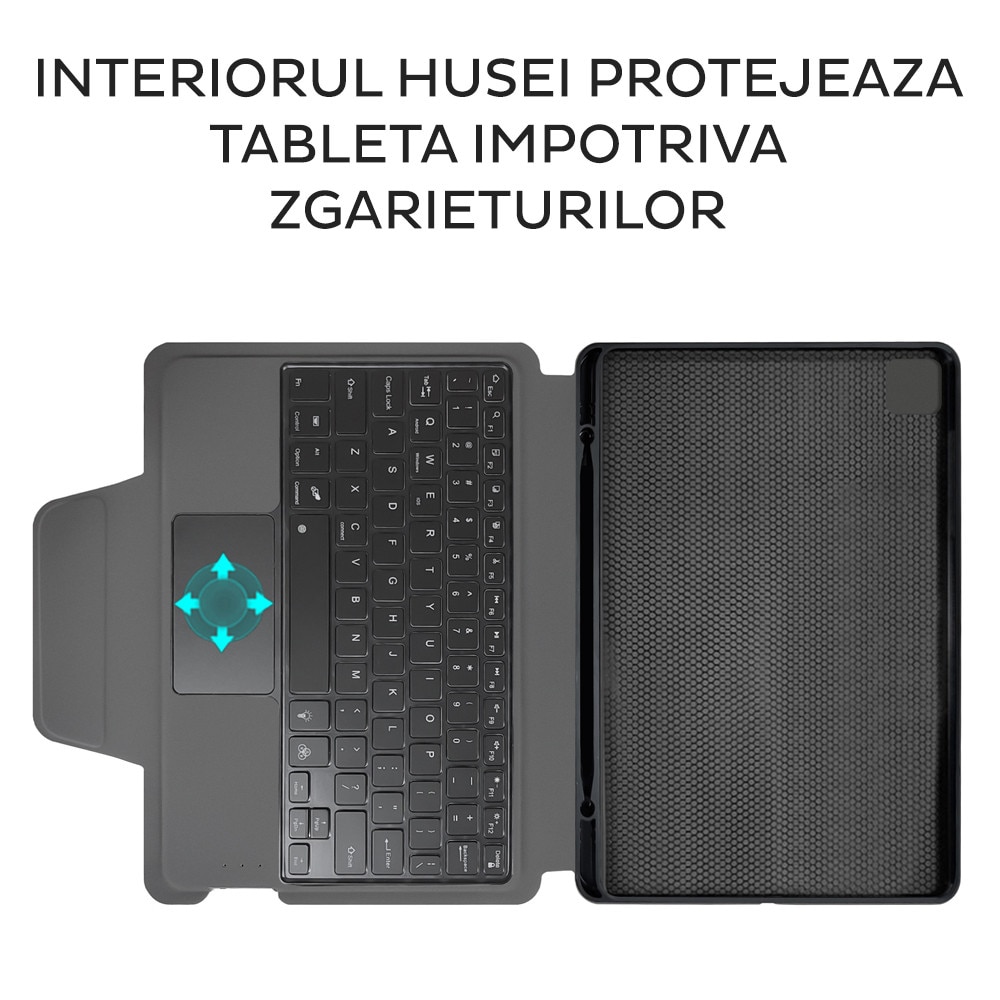 Husa de protectie cu Folie de protectie ecran pentru Apple iPad Air 13 2024 / 2025 DaDen, Iluminare RGB 7 culori, Tastatura Bluetooth, Capacitate baterie 420 mAh, Negru