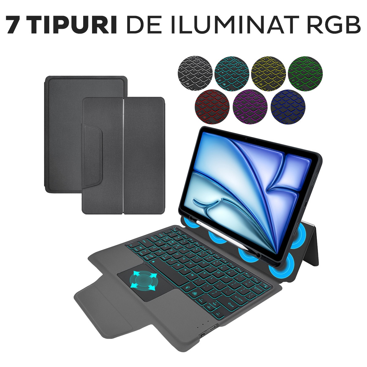 Husa de protectie cu Folie de protectie ecran pentru Apple iPad Air 13 2024 / 2025 DaDen, Iluminare RGB 7 culori, Tastatura Bluetooth, Capacitate baterie 420 mAh, Negru