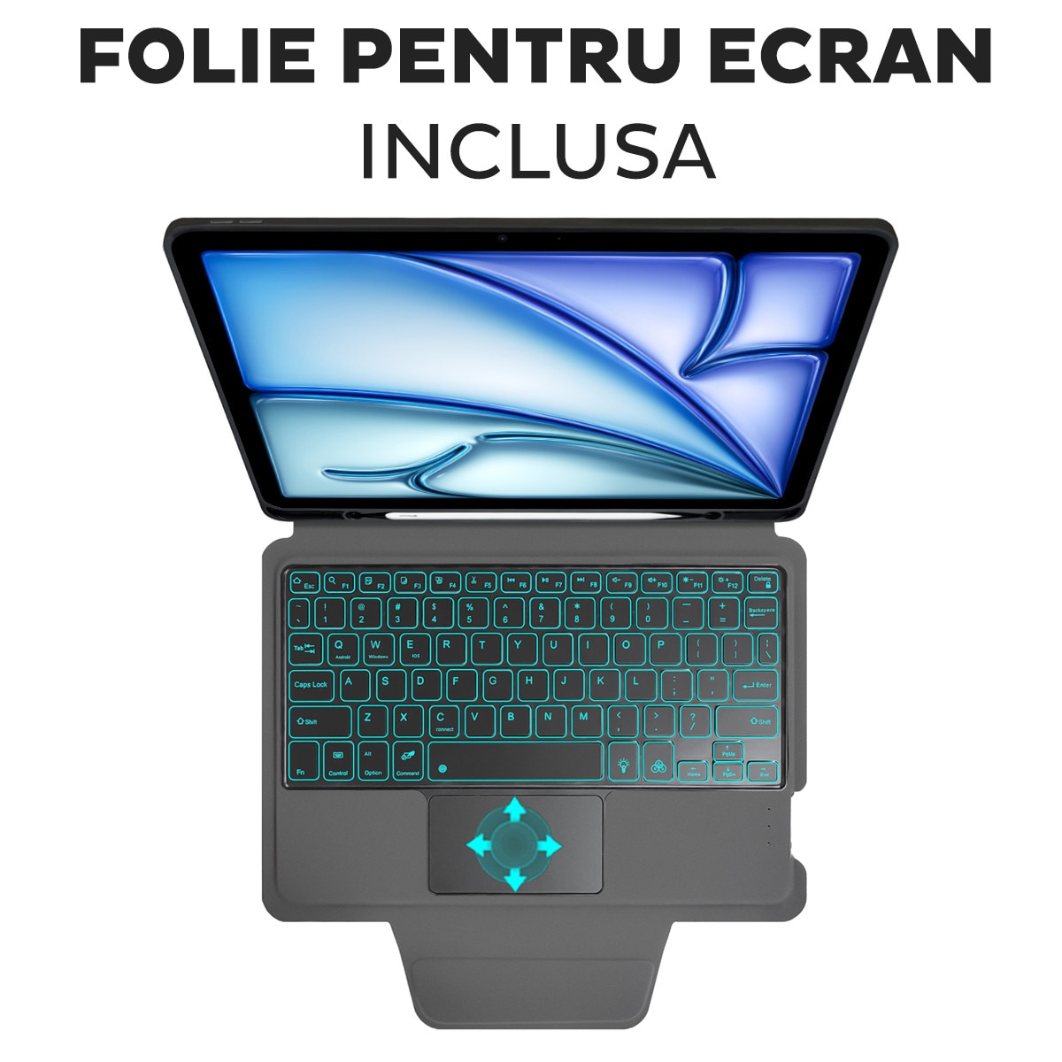 Husa de protectie cu Folie de protectie ecran pentru Apple iPad Air 13 2024 / 2025 DaDen, Iluminare RGB 7 culori, Tastatura Bluetooth, Capacitate baterie 420 mAh, Negru