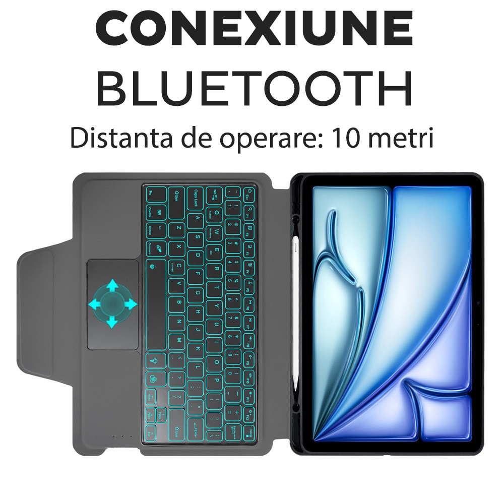 Husa de protectie cu Folie de protectie ecran pentru Apple iPad Air 13 2024 / 2025 DaDen, Iluminare RGB 7 culori, Tastatura Bluetooth, Capacitate baterie 420 mAh, Negru