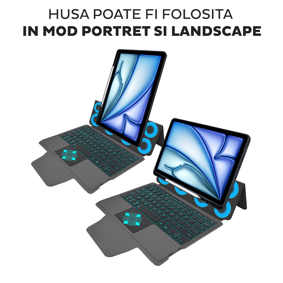 Husa de protectie cu Folie de protectie ecran pentru Apple iPad Air 13 2024 / 2025 DaDen, Iluminare RGB 7 culori, Tastatura Bluetooth, Capacitate baterie 420 mAh, Negru