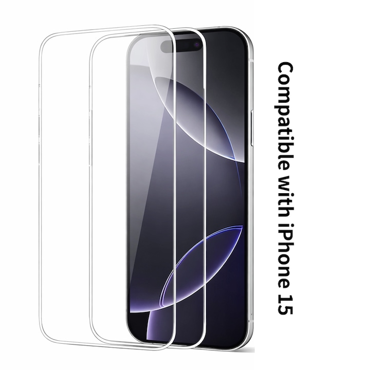 Folie din Sticla Securizata pentru iPhone 15 Set 2 Bucati HCT STYLE®, Protectie Ecran Anti-Zgarieturi, Ultra-Clara, Rezistenta