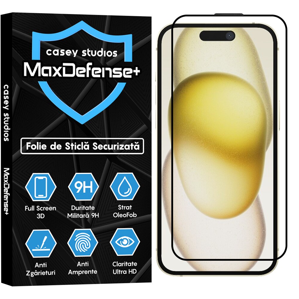 Folie Sticla compatibila cu iPhone 15 CASEY STUDIOS™ Full Screen 9H + Kit de Instalare Cadou, Full Cover 3D, Full Glue, Sticla Securizata, Anti Socuri, Anti Zgarieturi, Margini Negre