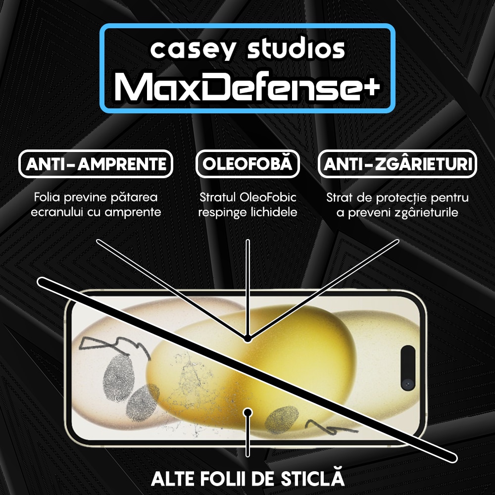 Folie Sticla compatibila cu iPhone 15 CASEY STUDIOS™ Full Screen 9H + Kit de Instalare Cadou, Full Cover 3D, Full Glue, Sticla Securizata, Anti Socuri, Anti Zgarieturi, Margini Negre