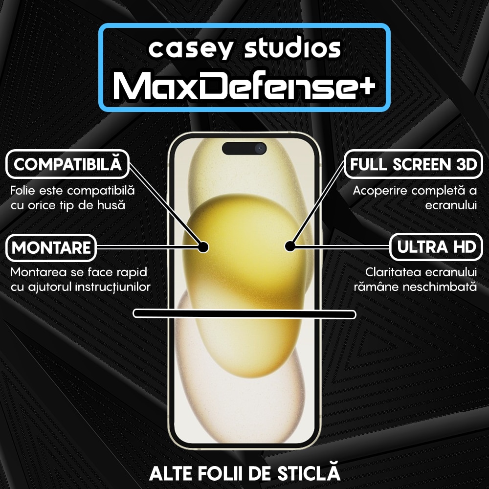 Folie Sticla compatibila cu iPhone 15 CASEY STUDIOS™ Full Screen 9H + Kit de Instalare Cadou, Full Cover 3D, Full Glue, Sticla Securizata, Anti Socuri, Anti Zgarieturi, Margini Negre