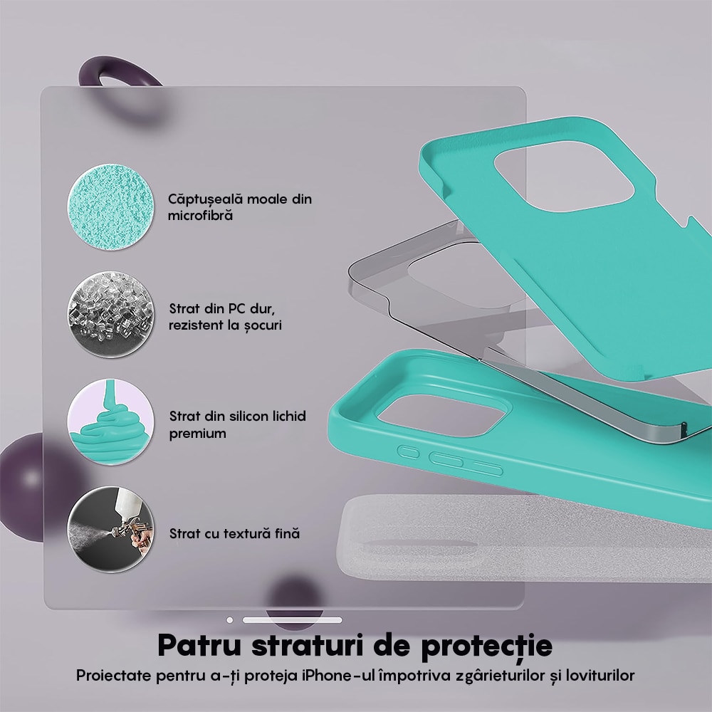Husa CASEY STUDIOS™ compatibila cu iPhone 15 Pro, Soft Silicone Premium, Microfibra in Interior, Turcoaz, de Protectie, pentru Incarcare Wireless, Margini Ridicate de Protectia Ecranului si a Camerelor