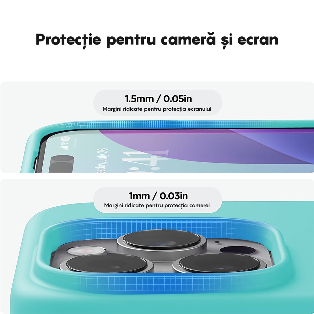 Husa CASEY STUDIOS™ compatibila cu iPhone 15 Pro, Soft Silicone Premium, Microfibra in Interior, Turcoaz, de Protectie, pentru Incarcare Wireless, Margini Ridicate de Protectia Ecranului si a Camerelor
