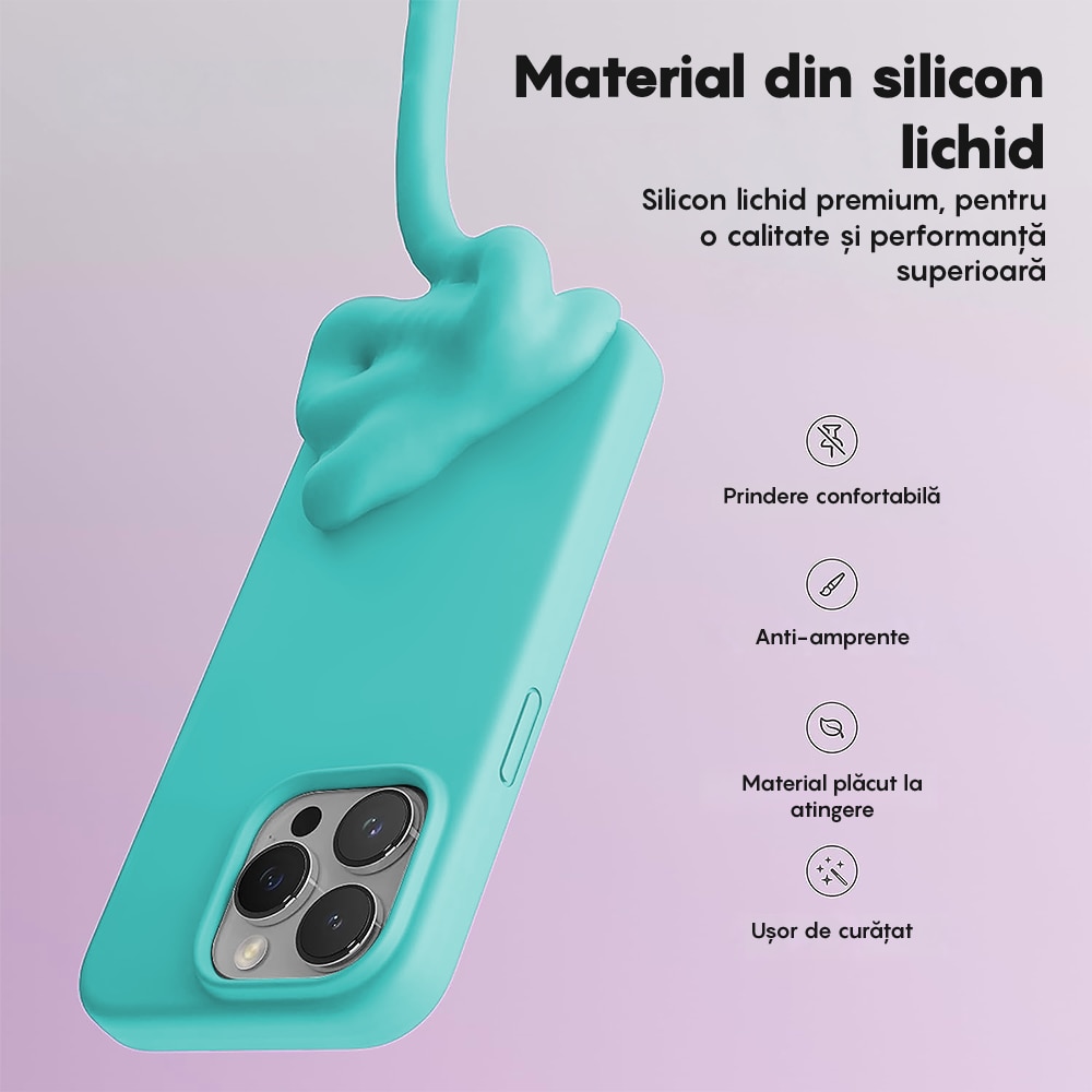 Husa CASEY STUDIOS™ compatibila cu iPhone 15 Pro, Soft Silicone Premium, Microfibra in Interior, Turcoaz, de Protectie, pentru Incarcare Wireless, Margini Ridicate de Protectia Ecranului si a Camerelor