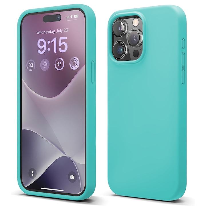 Husa CASEY STUDIOS™ compatibila cu iPhone 15 Pro, Soft Silicone Premium, Microfibra in Interior, Turcoaz, de Protectie, pentru Incarcare Wireless, Margini Ridicate de Protectia Ecranului si a Camerelor