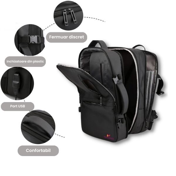 Rucsac extensibil Mercaton, compatibil cu laptop-uri pana la 17.3″, Port USB, Waterproof, Travel Size, Negru