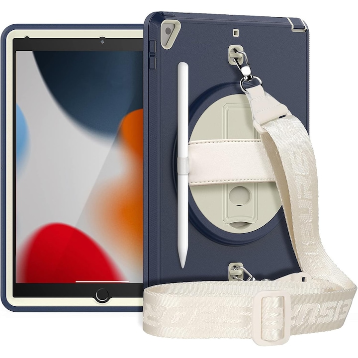 Pachet 360 pentru iPad 9.7" (iPad Air 2, iPad 5/6, iPad Pro 9.7) – Husa Sigloo cu folie inclusa, curea de umar si suport rotativ, Gri inchis