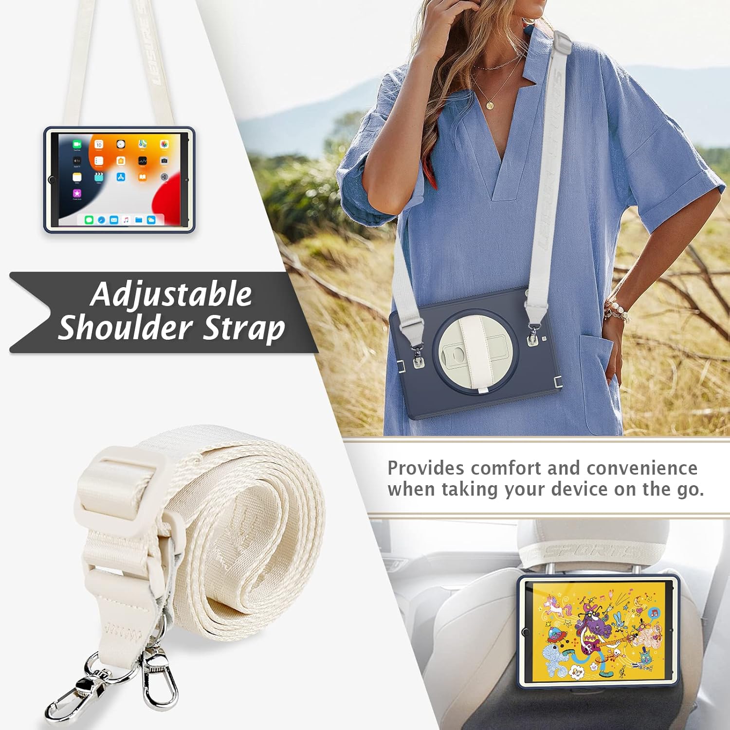 Pachet 360 pentru iPad 9.7" (iPad Air 2, iPad 5/6, iPad Pro 9.7) – Husa Sigloo cu folie inclusa, curea de umar si suport rotativ, Gri inchis