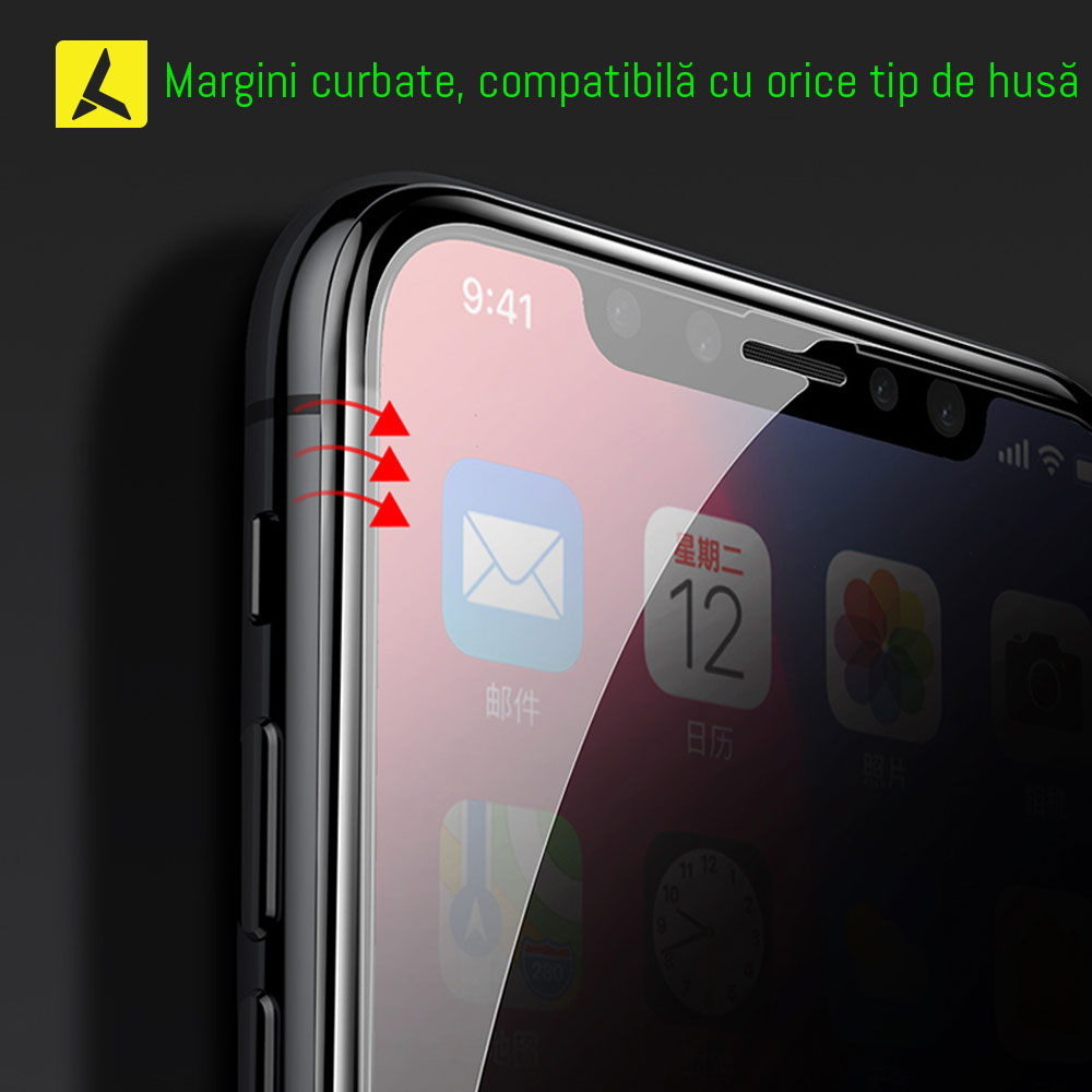 Folie de protectie PRIVACY pentru iPhone SE 2 (2020) - AntiSpy Tempered Glass 6D MX, 0.3mm, 9H, Full Screen, margini rotunjite, adeziv pe intreaga suprafata, securizata - ΛV Concept
