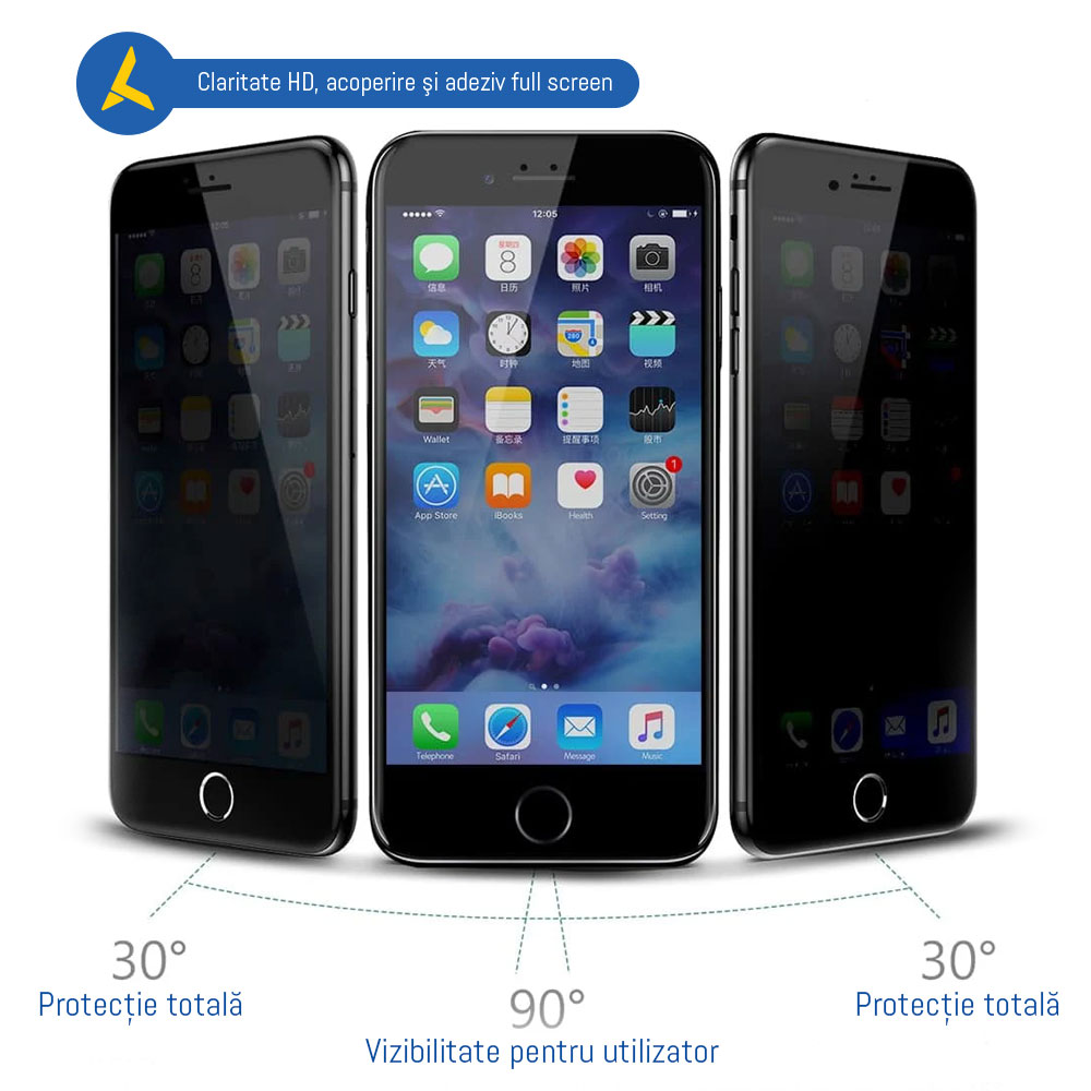 Folie de protectie PRIVACY pentru iPhone SE 2 (2020) - AntiSpy Tempered Glass 6D MX, 0.3mm, 9H, Full Screen, margini rotunjite, adeziv pe intreaga suprafata, securizata - ΛV Concept