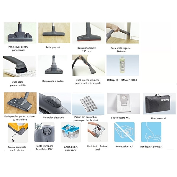 Aspirator cu filtrare prin apa Thomas Multi Clean X10 Parquet 788577, 1400 W, 3 trepte de viteza, filtru lavabil HEPA13, sac XXL praf 6 L, Verde